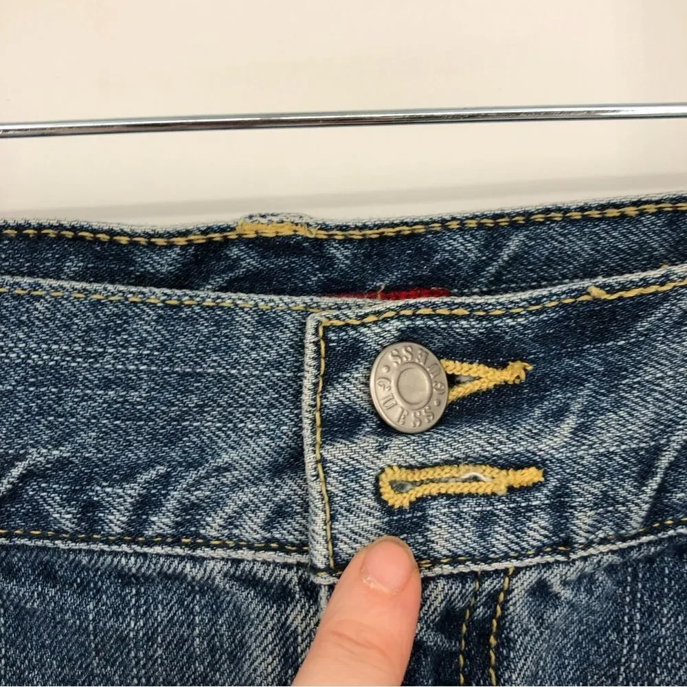 Vtg Guess Jeans Y2K Denim Mini Skirt Womens 28 Gold Sequins Cutoff Destructed‎